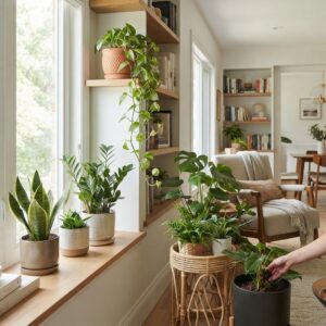 פינת ישיבה מוארת בבית המעוצבת בסגנון בוהו-שיק עם מגוון צמחי בית בעציצים