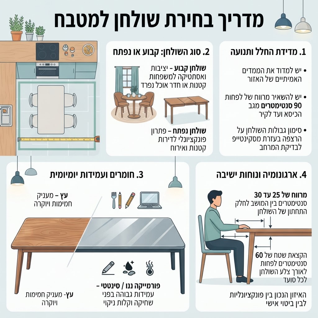 מדריך מאויר לבחירת שולחן אוכל למטבח הכולל טיפים למדידות, סוגי שולחנות וחומרים